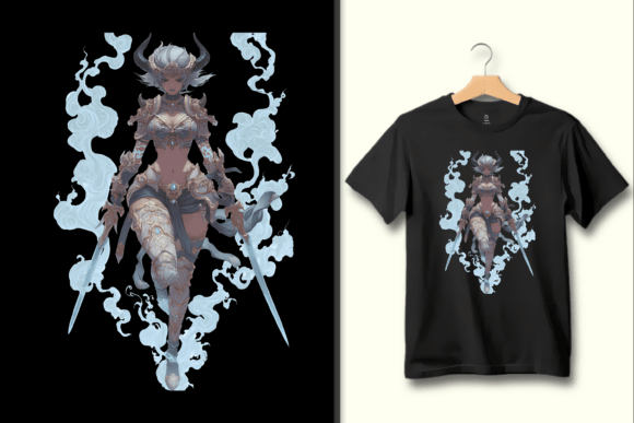 Fantasy Warrior with Horns & Swords PNG: A Bold Design Asset