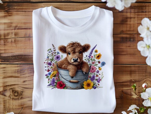 Highland Cow in Flower Bucket PNG: A Cute Farmhouse Accent