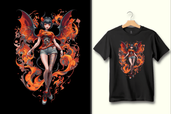 Stylish Demon Girl with Fiery Wings PNG: A Design Asset